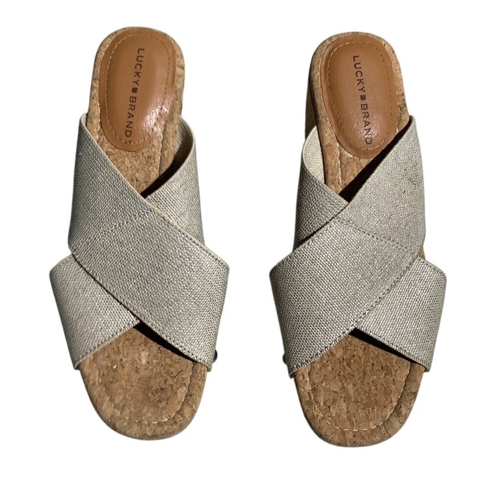 Lucky Brand Cross-Strap Cork Wedge Slides Women’s 8W — Boho, Coastal, Casual